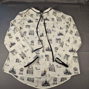 Talbots Paris Print Tie Neck Blouse Womens Medium White Black Long Sleeve Top